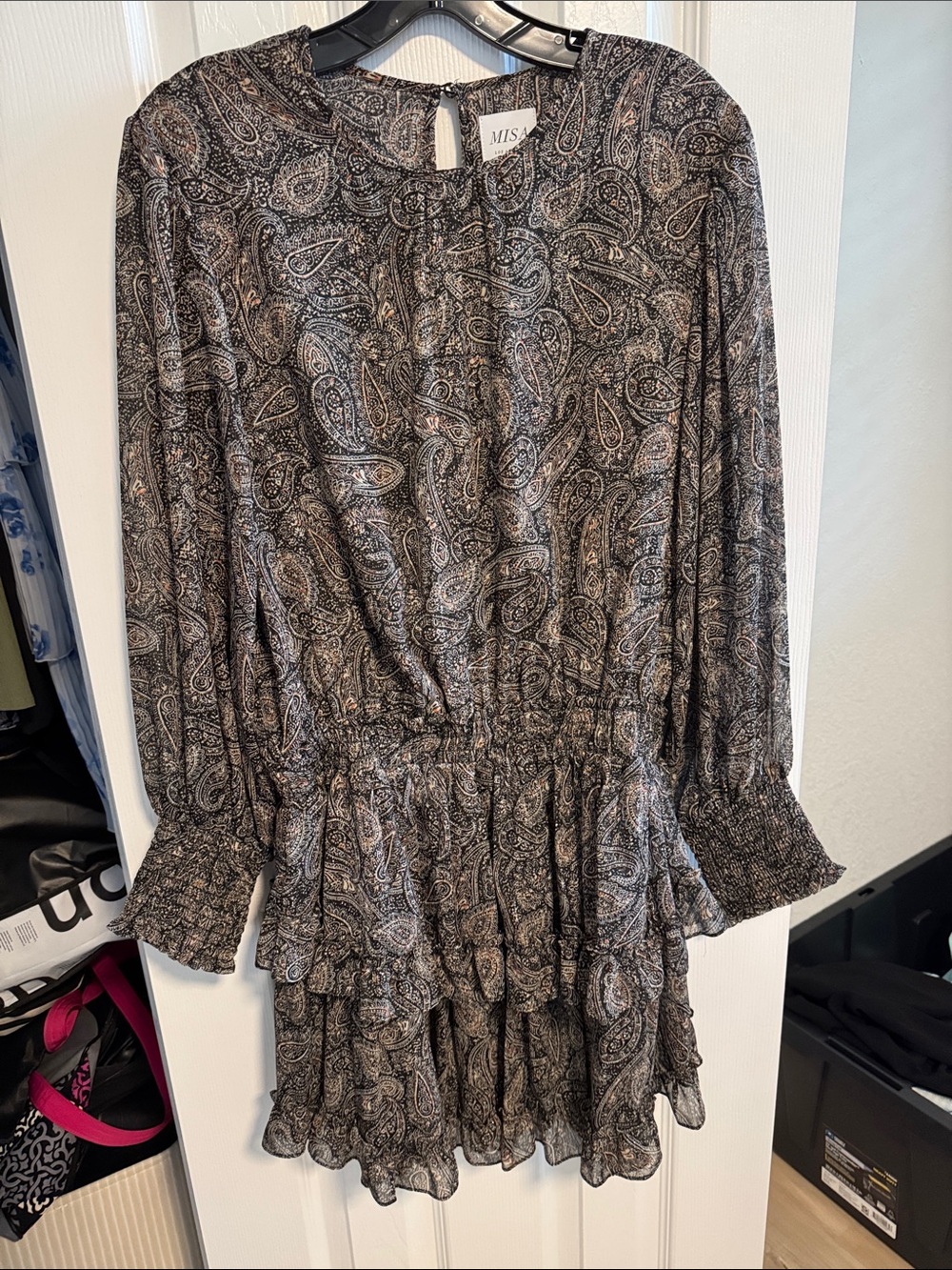 Misa Los Angeles Black Paisley Long-Sleeve Tiered Mini Dress